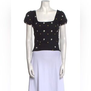 Miaou Daisy Embroidered Puff Sleeve Crop Top – Black (Size L)